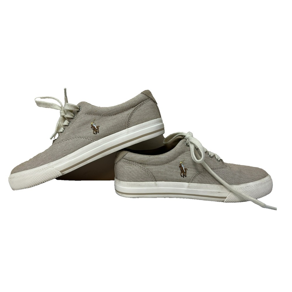 Polo Ralph Lauren Vaughn Low Sneaker Tan Pinstripe Shirting & Suede Upper‎ SZ 8
